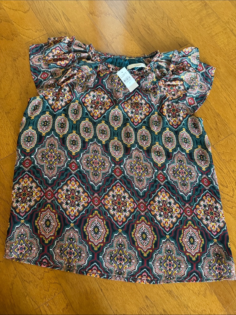 NEW LOFT Teal Tile Pattern Ruffle Sleeve Blouse